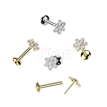 Titanium Threadless Push In Convex Base Labret With Flower Moissanite Top