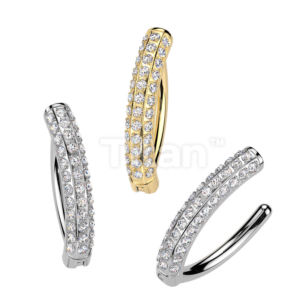 Titanium Hinged Hoop Belly Ring With Pave CNC Set Moissanite Triple Line