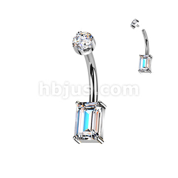 Titanium Internally Threaded Rectangular Emerald Cut Prong Set Moissanite Bottom With Flat Back Prong Set Round Moissanite Top Belly Button Ring - Image 2