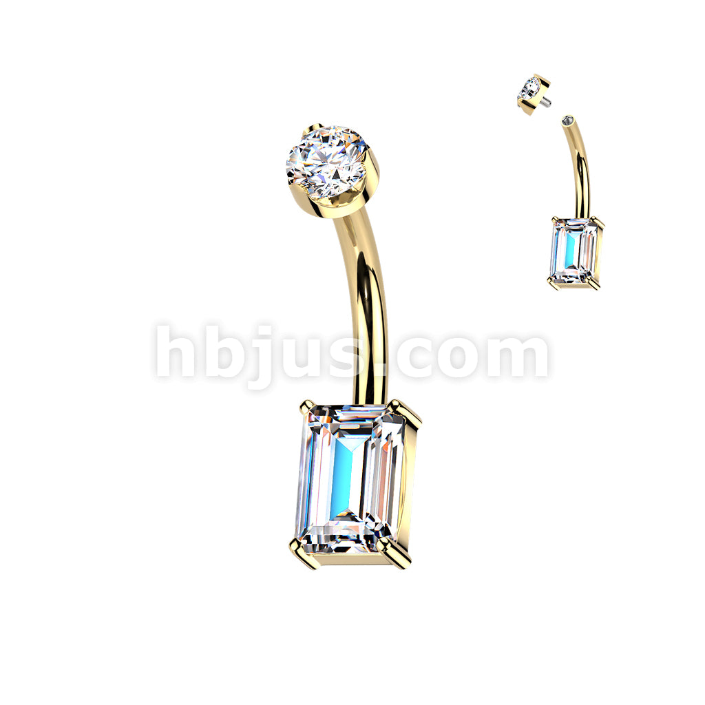 Titanium Internally Threaded Rectangular Emerald Cut Prong Set Moissanite Bottom With Flat Back Prong Set Round Moissanite Top Belly Button Ring - Image 3