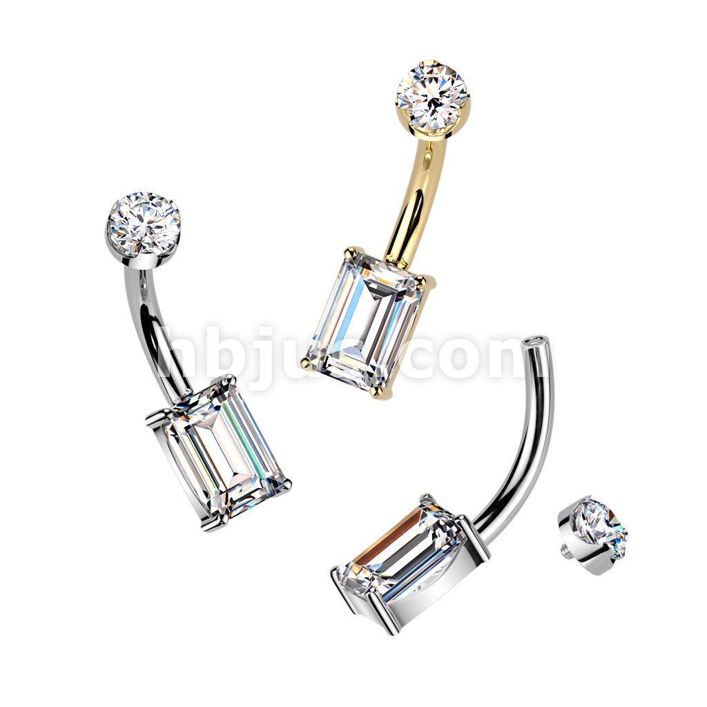 Titanium Internally Threaded Rectangular Emerald Cut Prong Set Moissanite Bottom With Flat Back Prong Set Round Moissanite Top Belly Button Ring