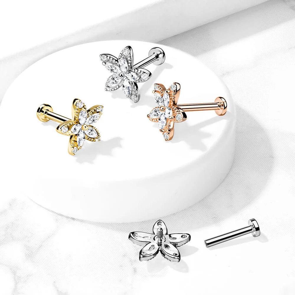 Marquise CZ Flower Top on Internally Threaded 316L Surgical Steel Flat...