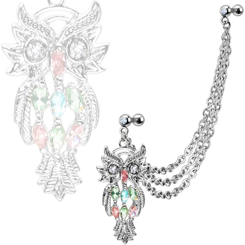 Marquise Gemmed Owl with Gemmed Double Cartilage/Tragus Barbell Multi...