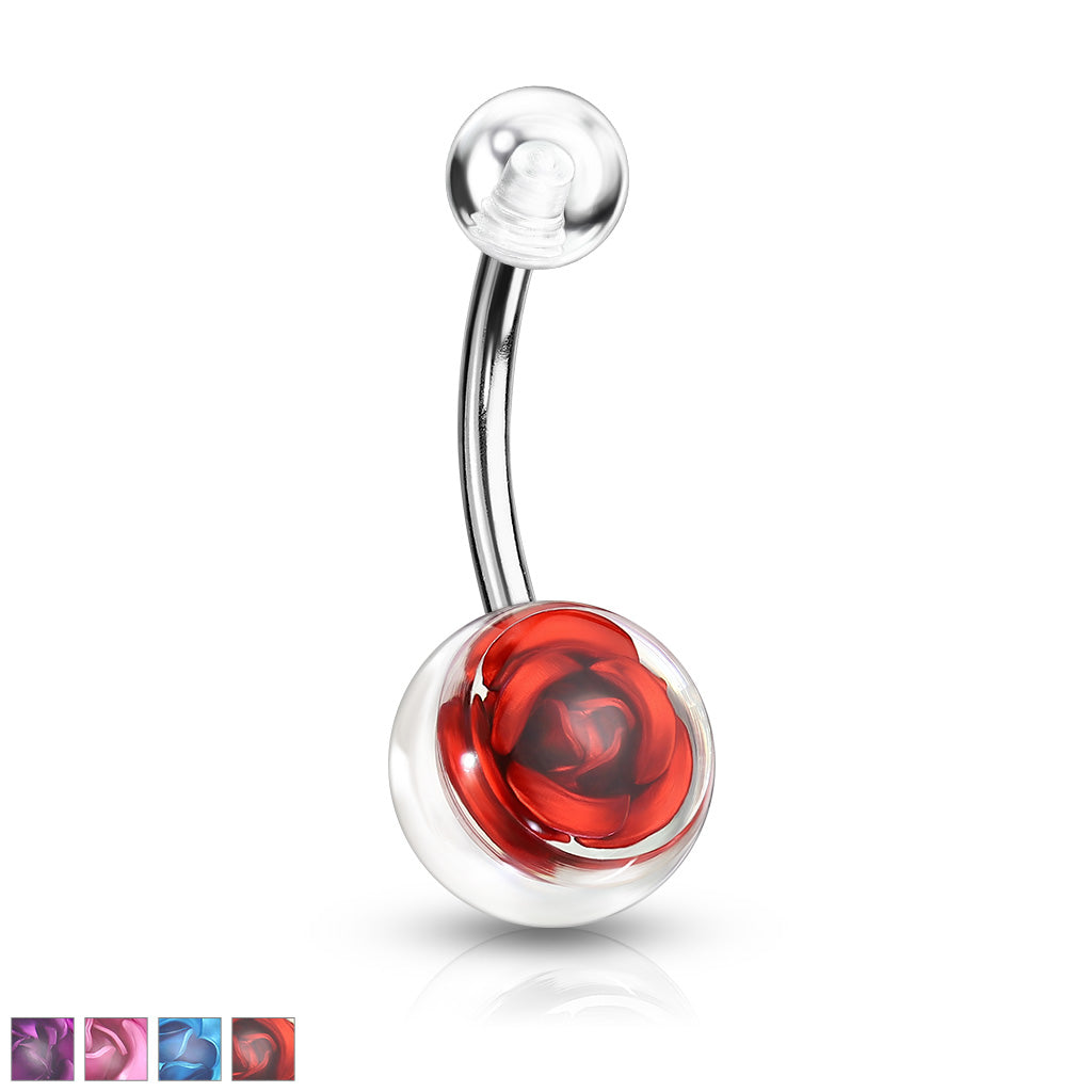 Metal Rose Embedded in Clear Acrylic Ball 316L Surgical Steel Navel Ring