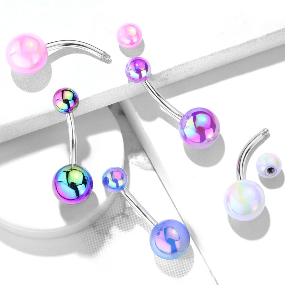 Metallic AB Coating Balls Over 316L Surgical Steel Belly Button Navel Rings