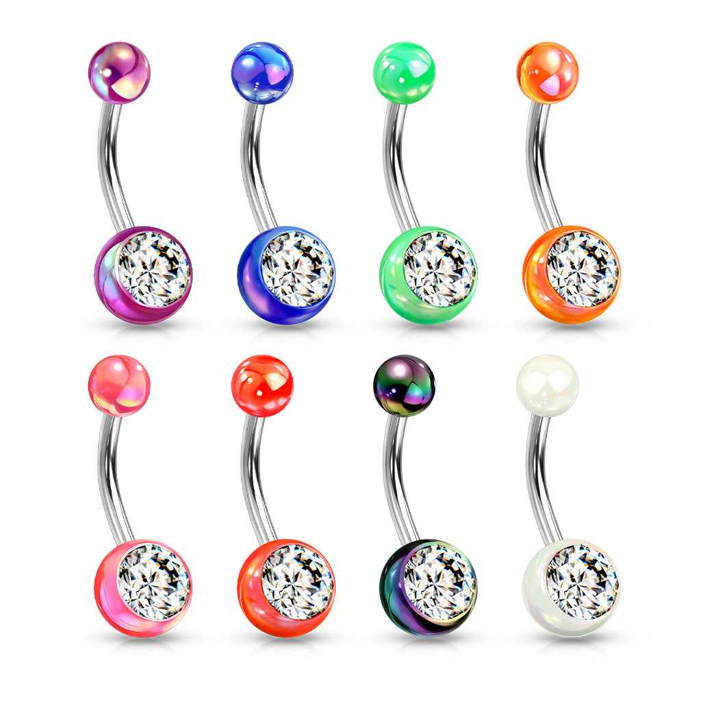 Metallic Coated Acrylic Ball with Single Gemstone 316L Surgical Steel Navel Ring