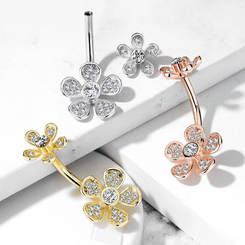 Micro CZ Paved Flower with Internally Threaded Flower Top 316L Surgical...