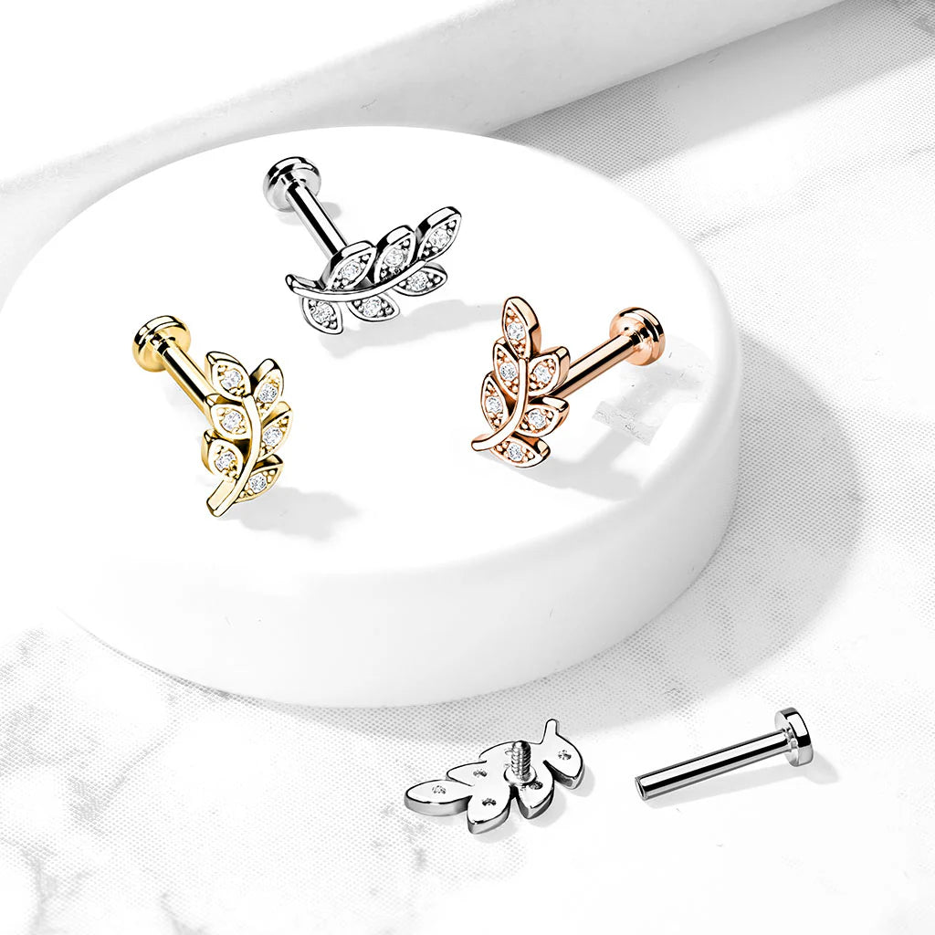 Micro CZ Paved Leaf Top on Internally Threaded 316L Surgical Steel Flat...