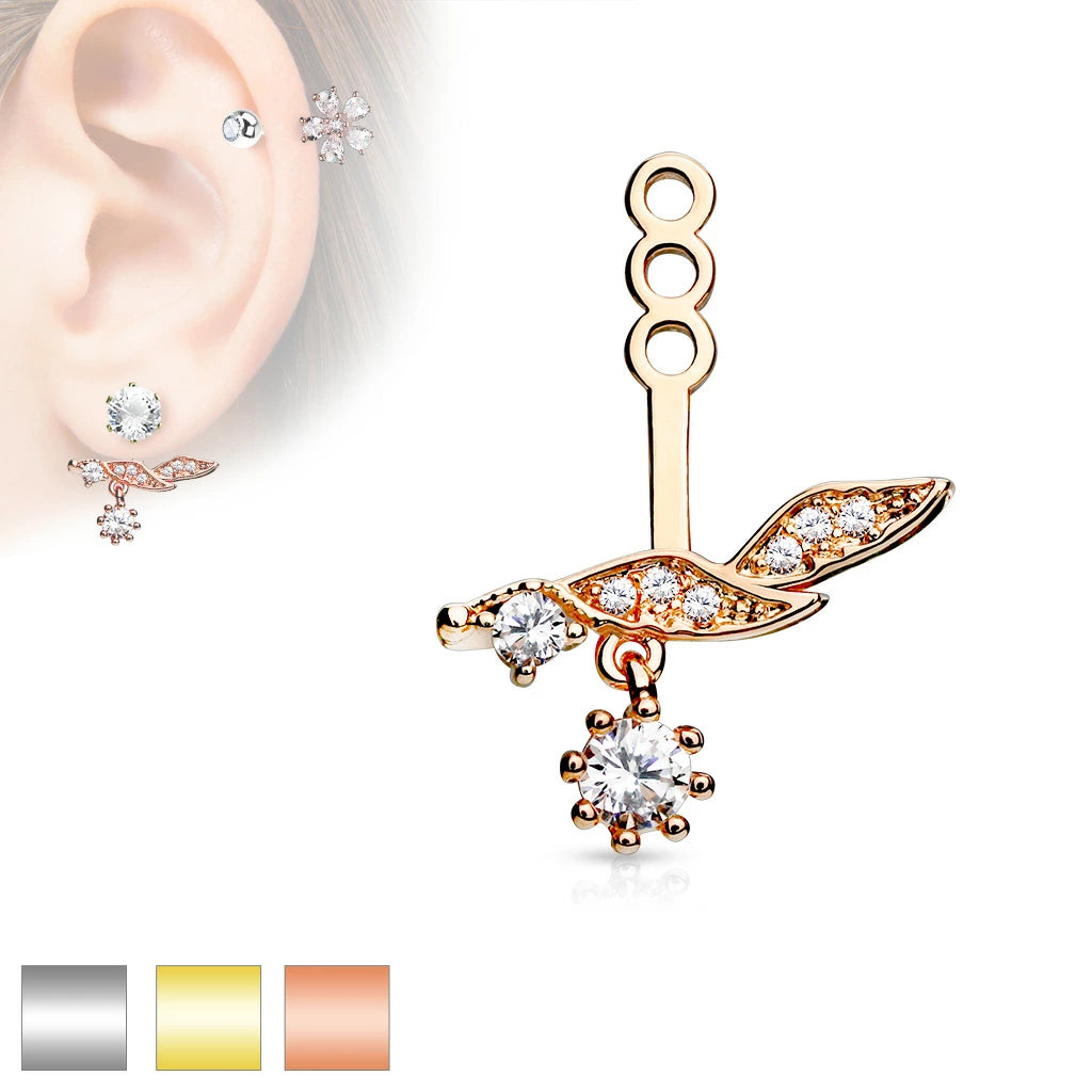 Micro Pave CZ Leaf With Round CZ Dangle Earring Jacket / Cartilage Stud Add on Dangle