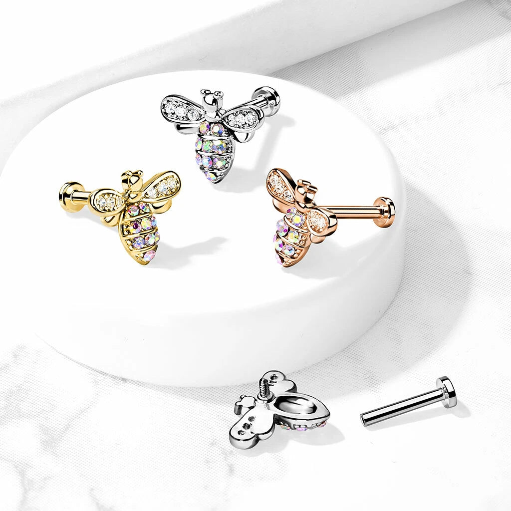 Micro CZ Paved Bee With AB Crystals on Internally Threaded 316L...