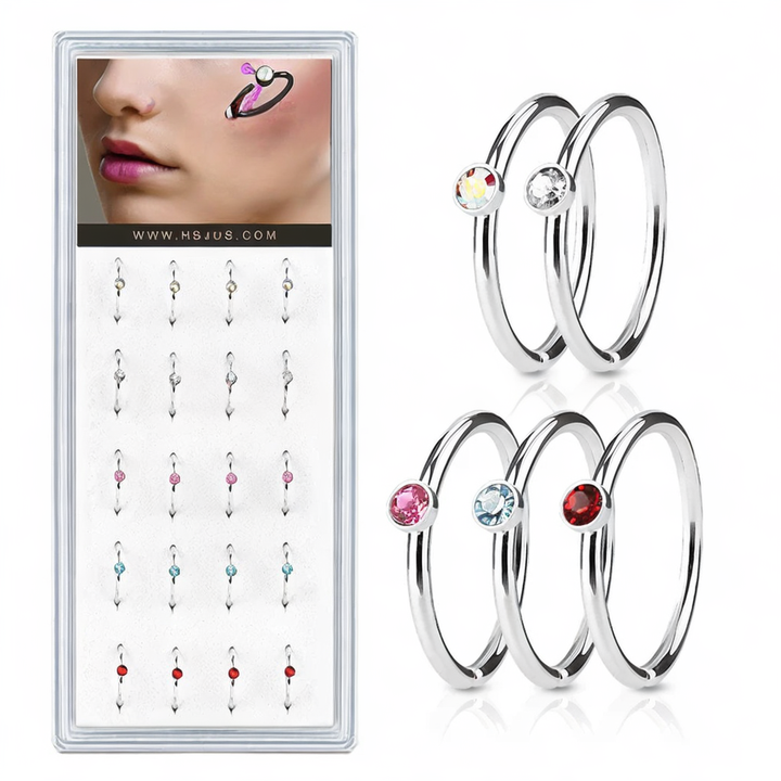Mixed Colo Stone Set 316L Surgical Steel Nose Hoop Rings