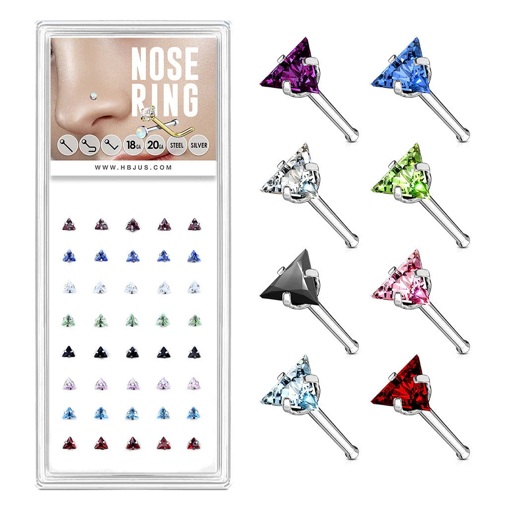 Mixed Color Triange CZ Top of 20 Gauge 316L Surgical Steel Nose Bone