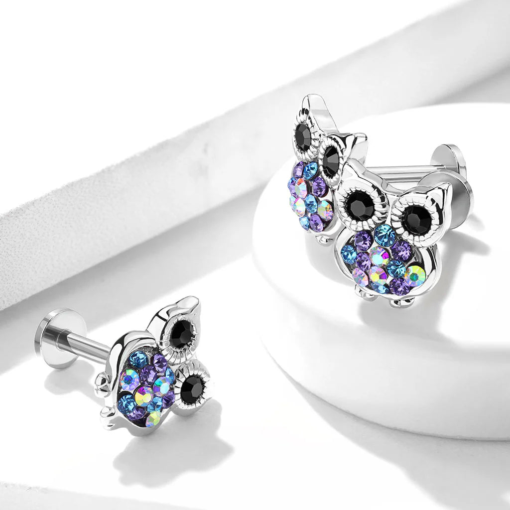 Multi Color Gemmed Owl Top 316L Surgical Steel Internally Threaded...