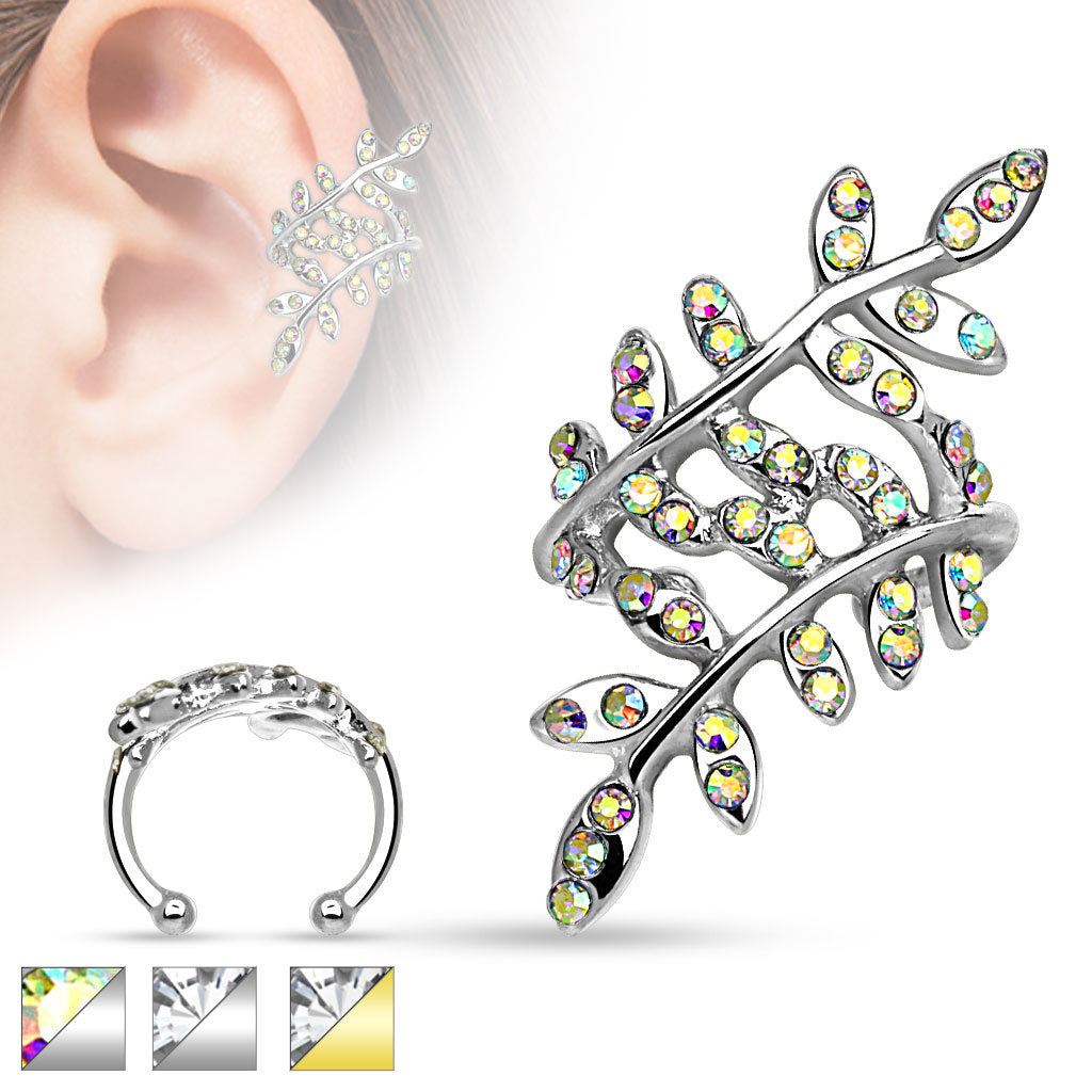 Multi Paved Gem Leaflet Rhodium Plated Brass Non Piercing Ear Cuff