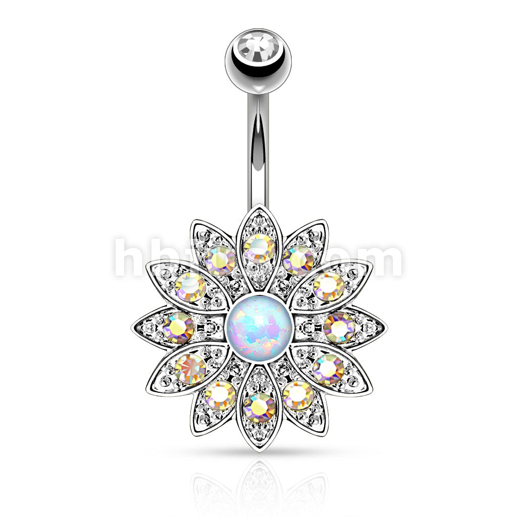 316L Surgical Steel 316L Surgical Steel Paved Crystal Flower With Opal... - Image 2