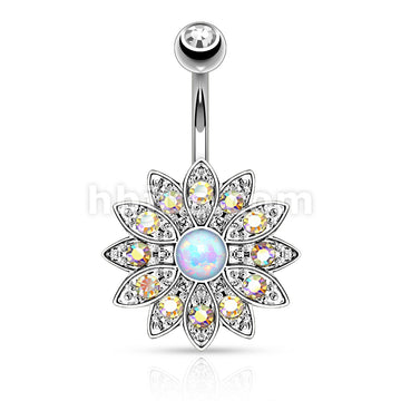 316L Surgical Steel 316L Surgical Steel Paved Crystal Flower With Opal... - Image 2