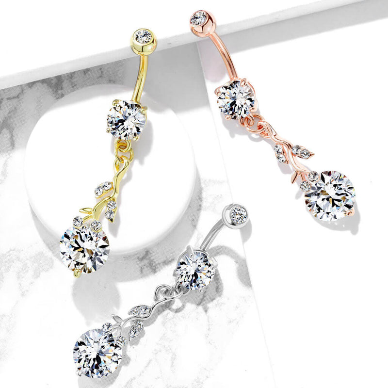 316L Surgical Steel Gemmed Leafs with Large Round CZ Dangle 316L...