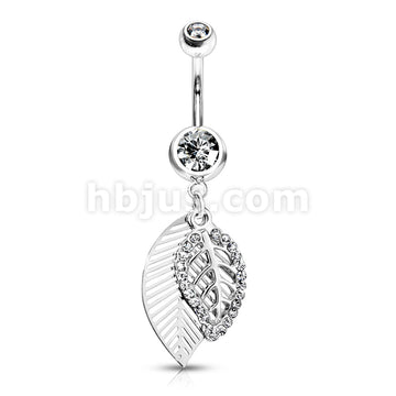 316L Surgical Steel 316L Surgical Steel CZ Paved Leaves Dangle Belly... - Image 2