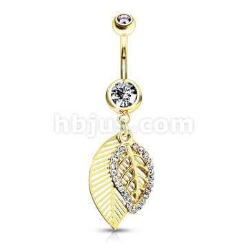 316L Surgical Steel 316L Surgical Steel CZ Paved Leaves Dangle Belly... - Image 3