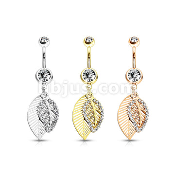 316L Surgical Steel 316L Surgical Steel CZ Paved Leaves Dangle Belly... - Image 6