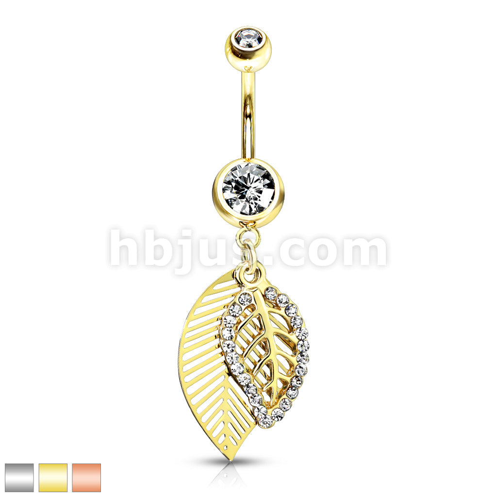316L Surgical Steel 316L Surgical Steel CZ Paved Leaves Dangle Belly...