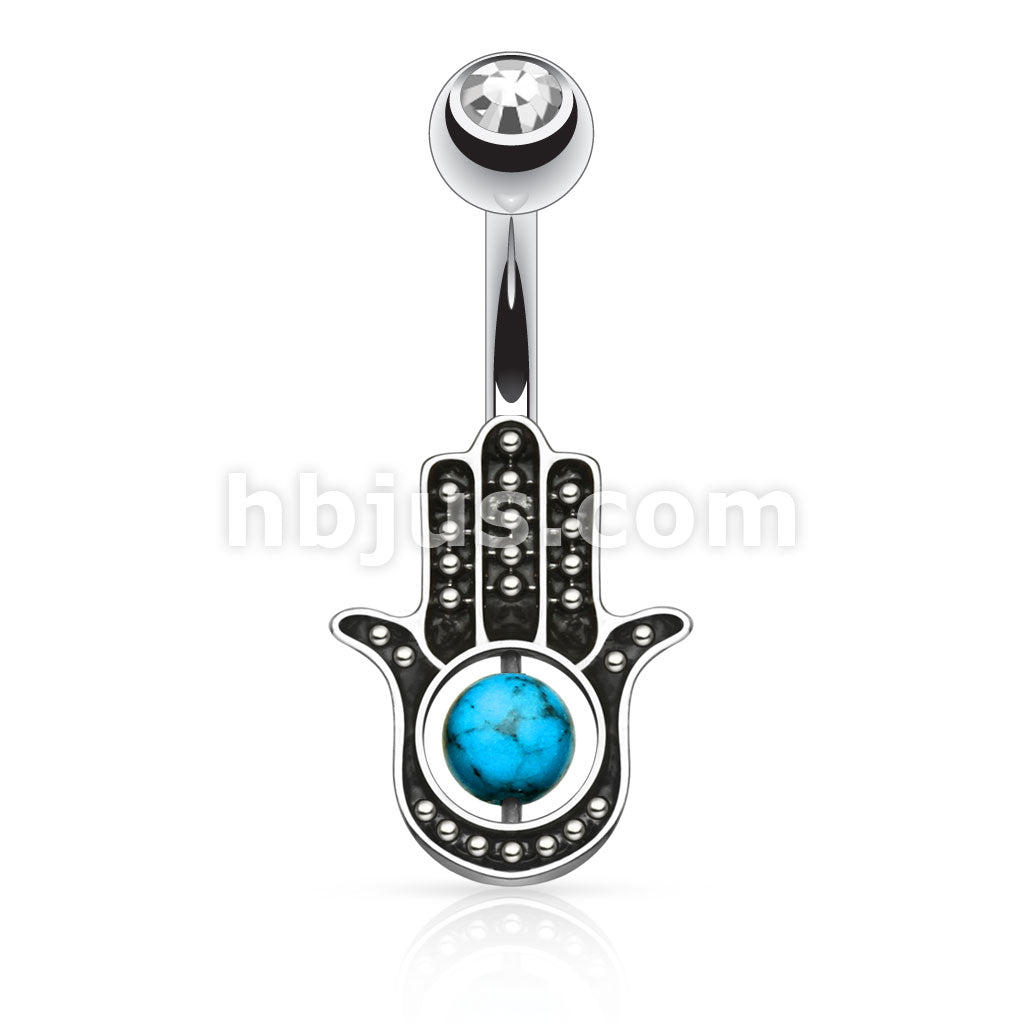 Dozen Pack Hamsa Hand with Turquoise 316L Surgical Steel Navel Ring - Image 2
