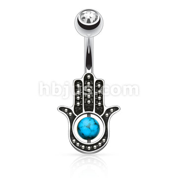 Dozen Pack Hamsa Hand with Turquoise 316L Surgical Steel Navel Ring - Image 2