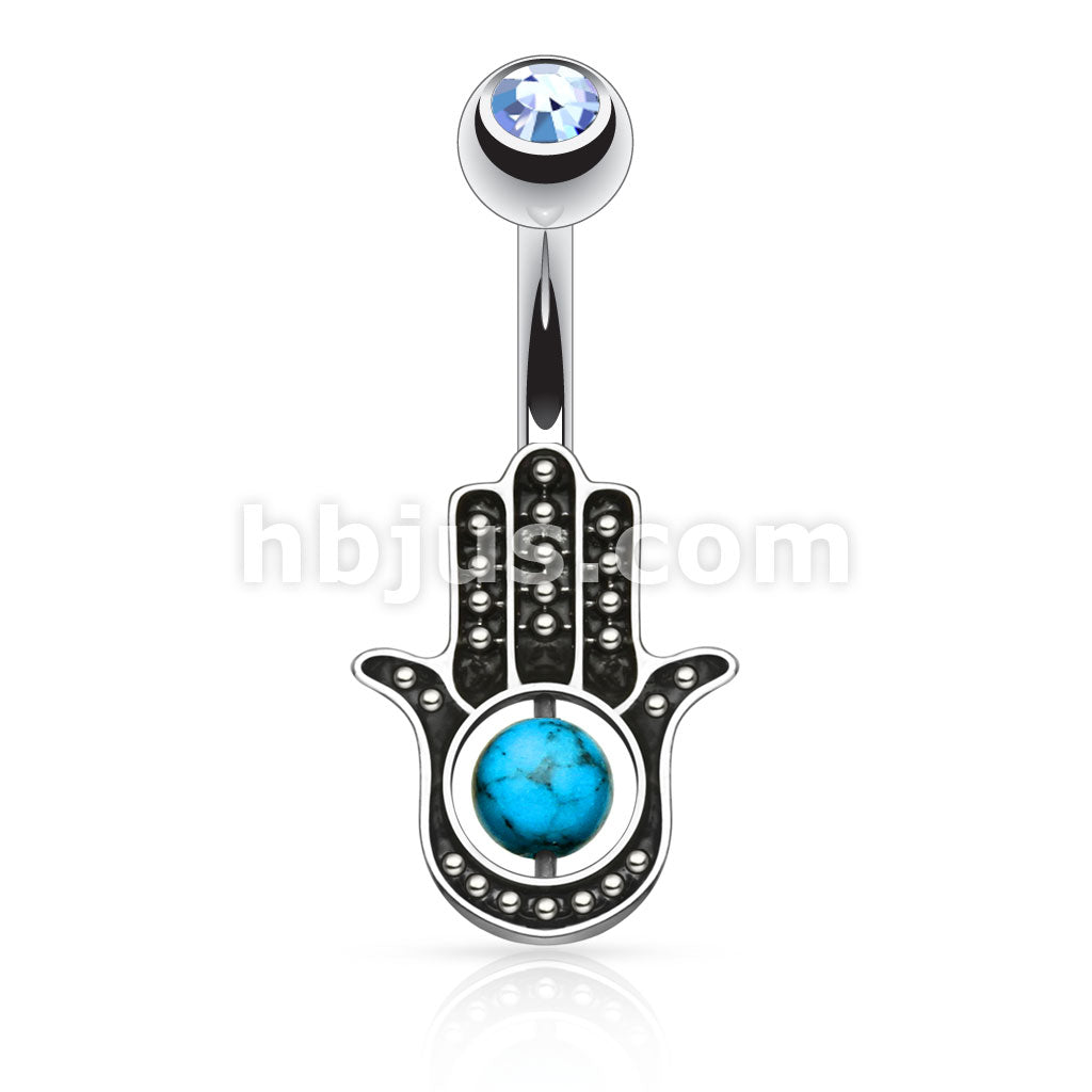 Dozen Pack Hamsa Hand with Turquoise 316L Surgical Steel Navel Ring - Image 3