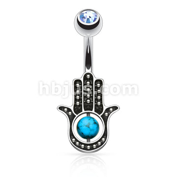 Dozen Pack Hamsa Hand with Turquoise 316L Surgical Steel Navel Ring - Image 3