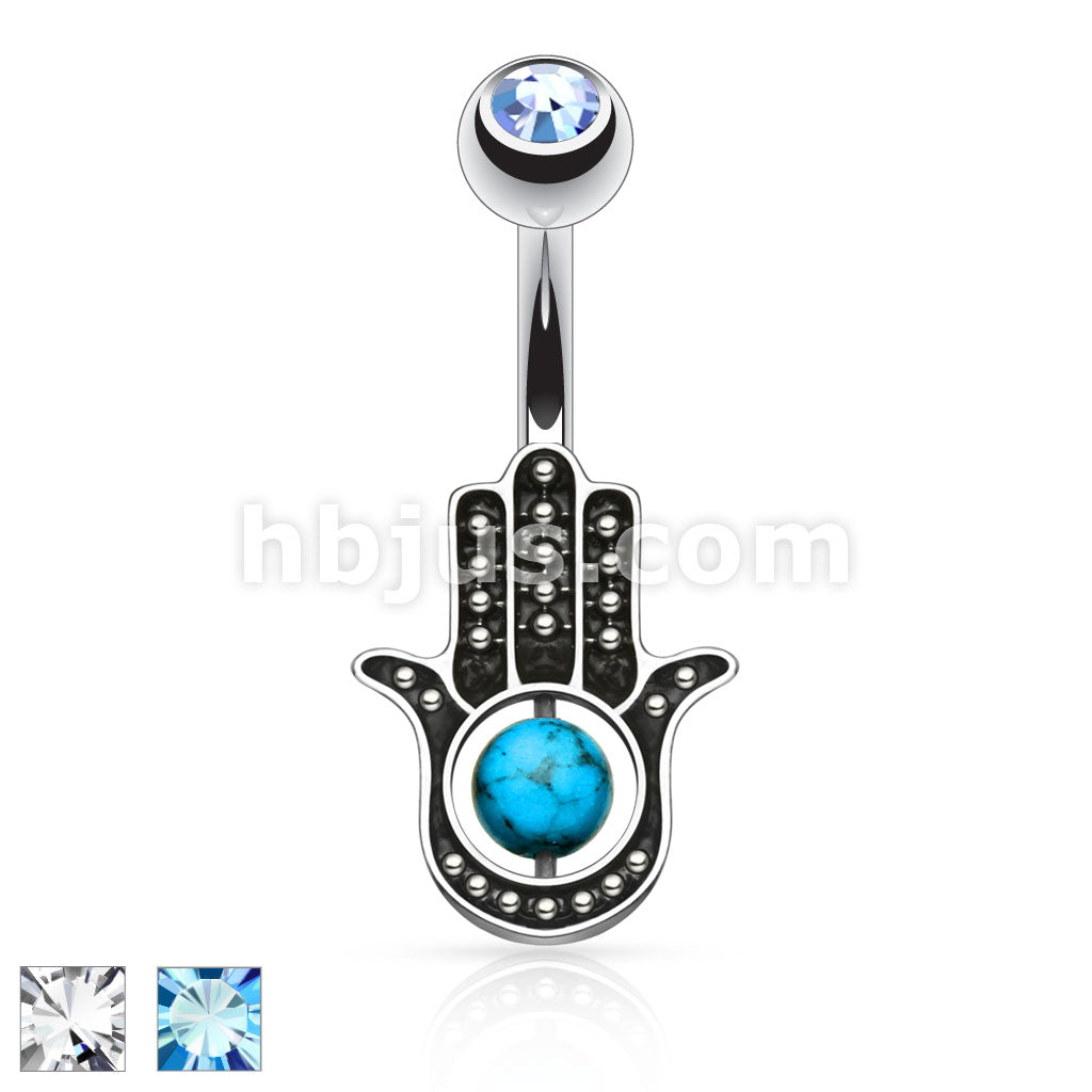 Dozen Pack Hamsa Hand with Turquoise 316L Surgical Steel Navel Ring