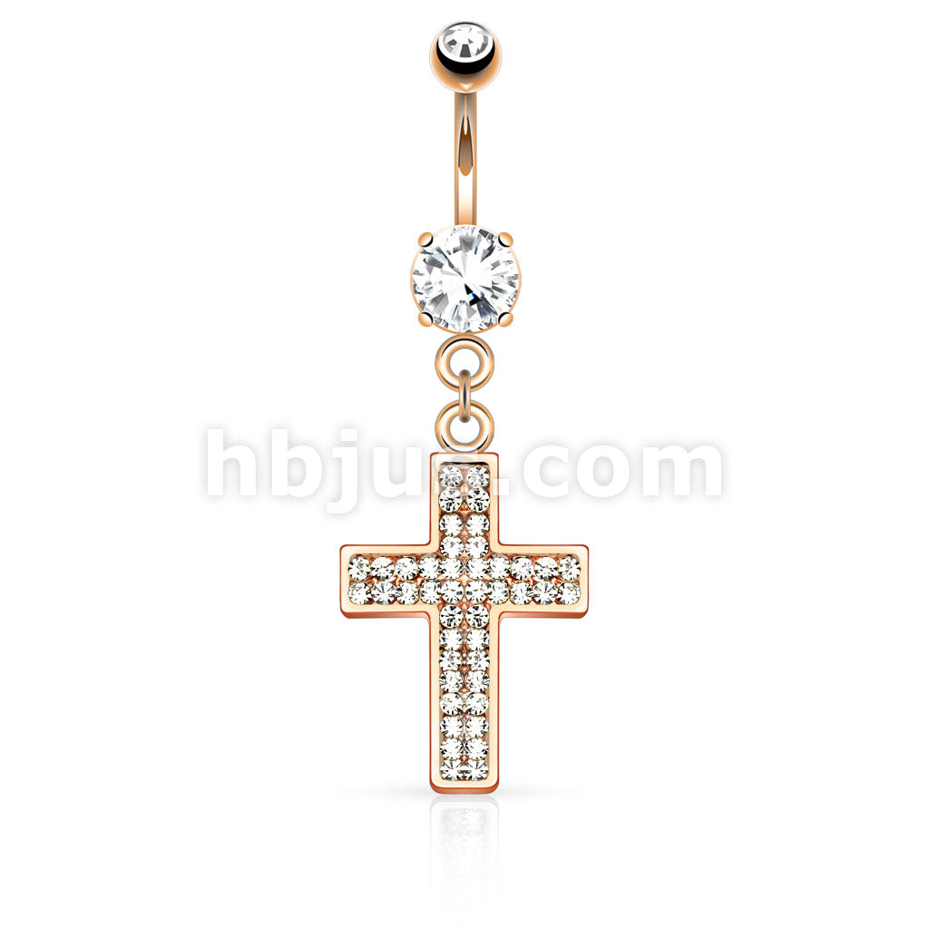 316L Surgical Steel 316L Surgical Steel Gem Paved Cross Dangle Belly... - Image 4