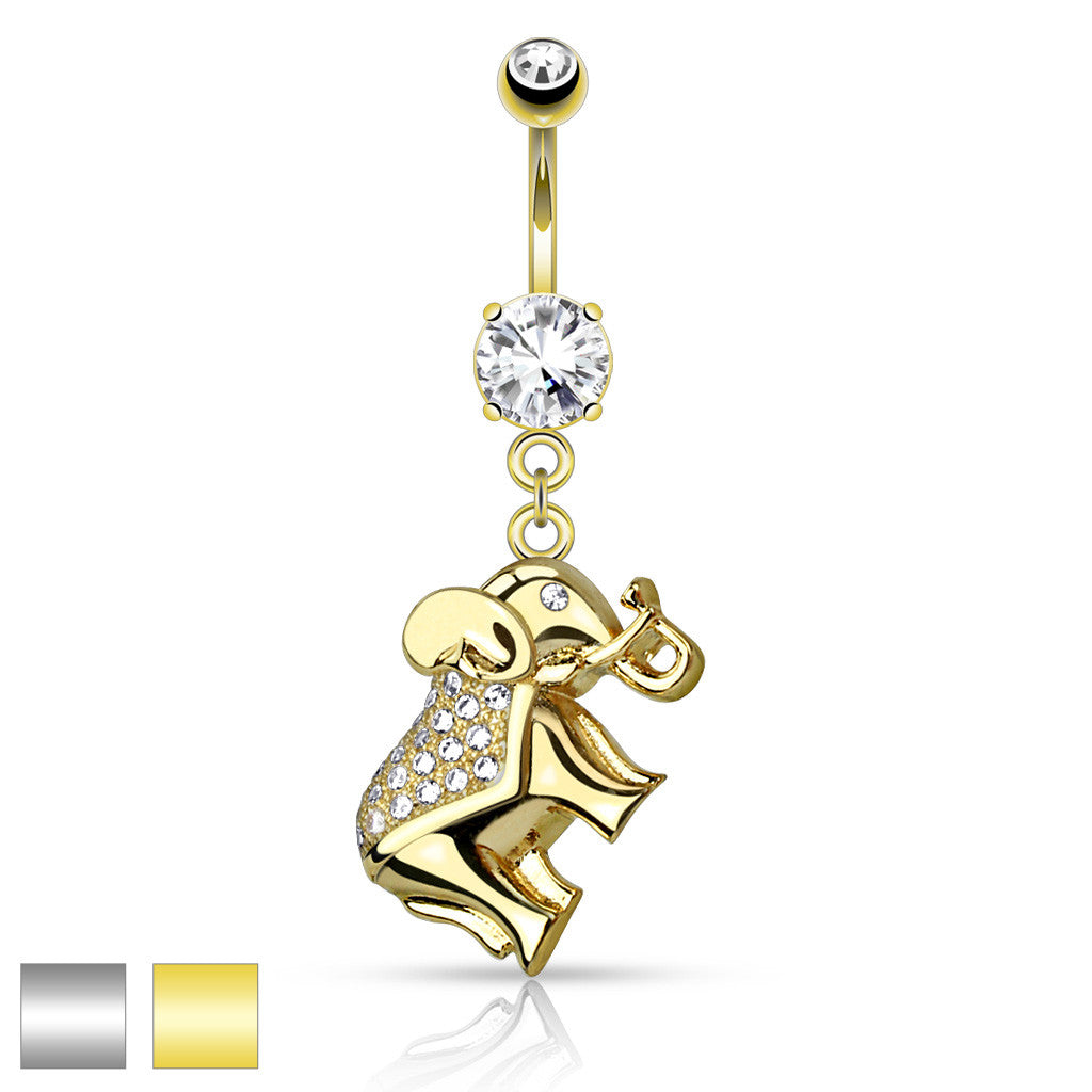 316L Surgical Steel 316L Surgical Steel CZ Paved Elephant Dangle Belly...