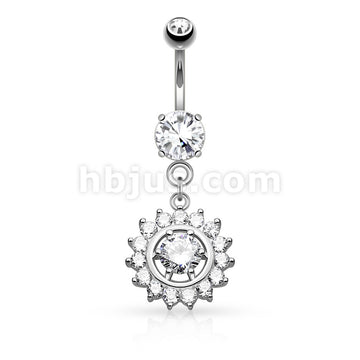 316L Surgical Steel Claw Set CZ Around CZ Center Dangle Belly Button Ring - Image 2