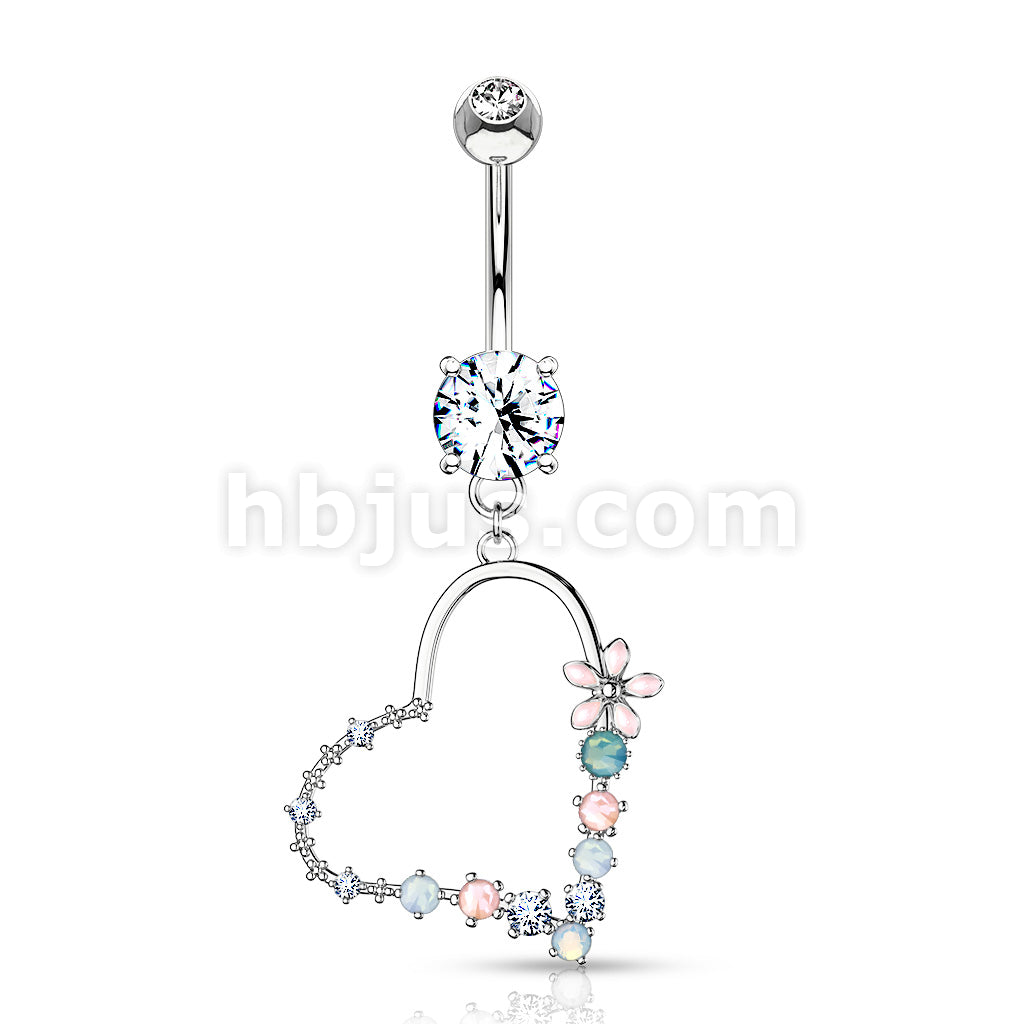 Belly Button Ring Double Jeweled Prong Set With Enamel Flowers and... - Image 3