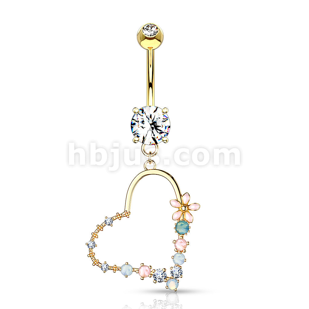 Belly Button Ring Double Jeweled Prong Set With Enamel Flowers and... - Image 4
