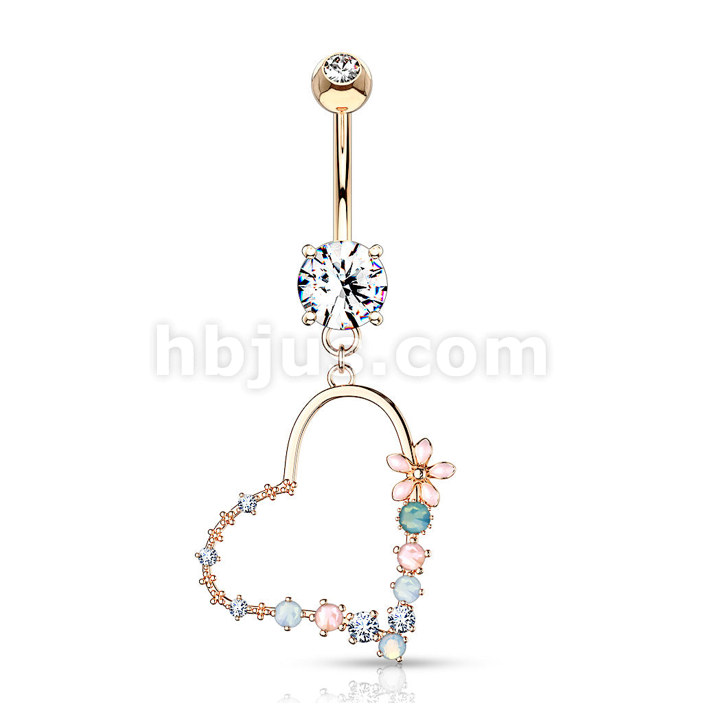 Belly Button Ring Double Jeweled Prong Set With Enamel Flowers and... - Image 5