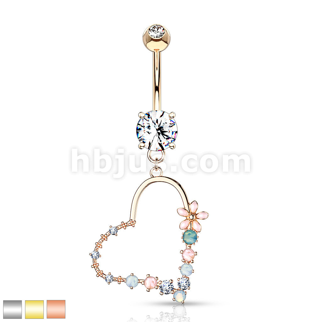 Belly Button Ring Double Jeweled Prong Set With Enamel Flowers and... - Image 2