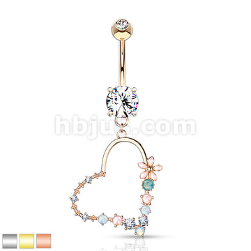 Belly Button Ring Double Jeweled Prong Set With Enamel Flowers and... - Image 2