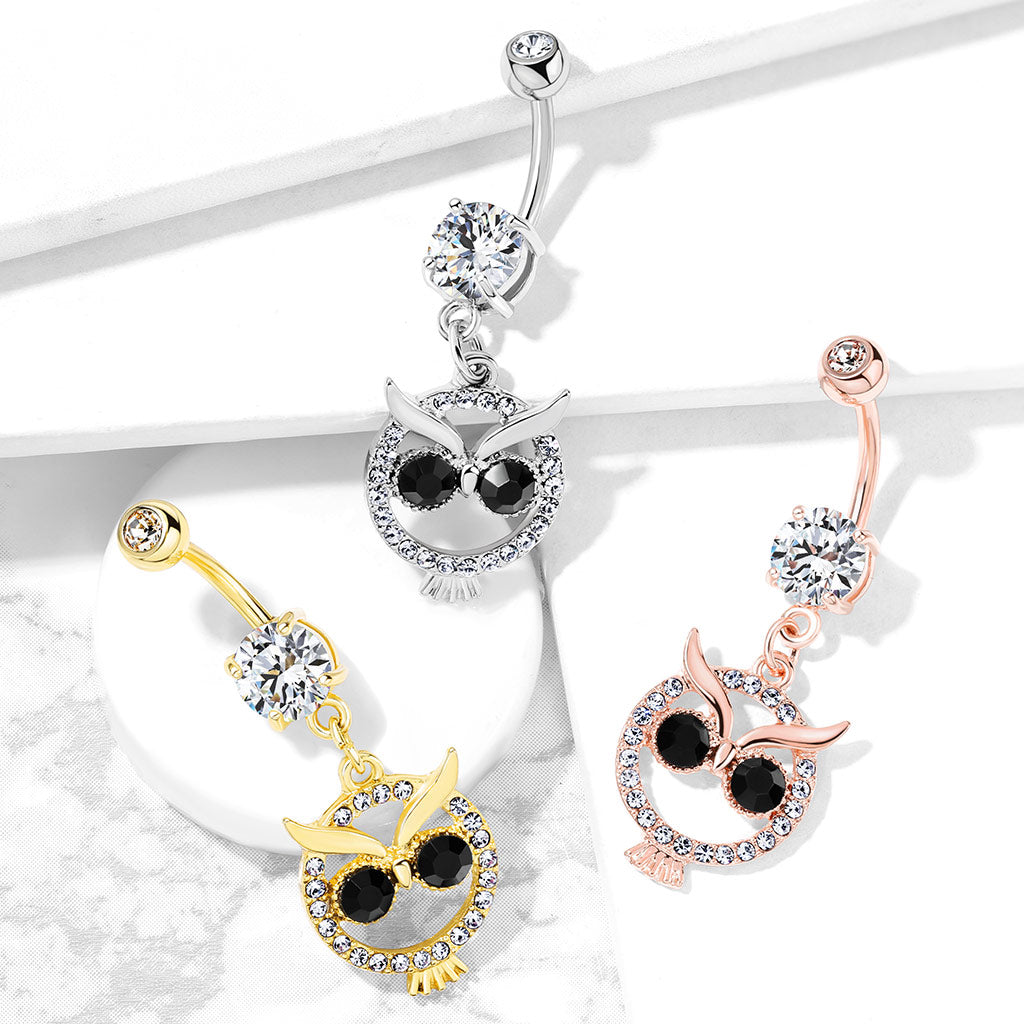 316L Surgical Steel 316L Surgical Steel Crystal Paved Owl With Black...