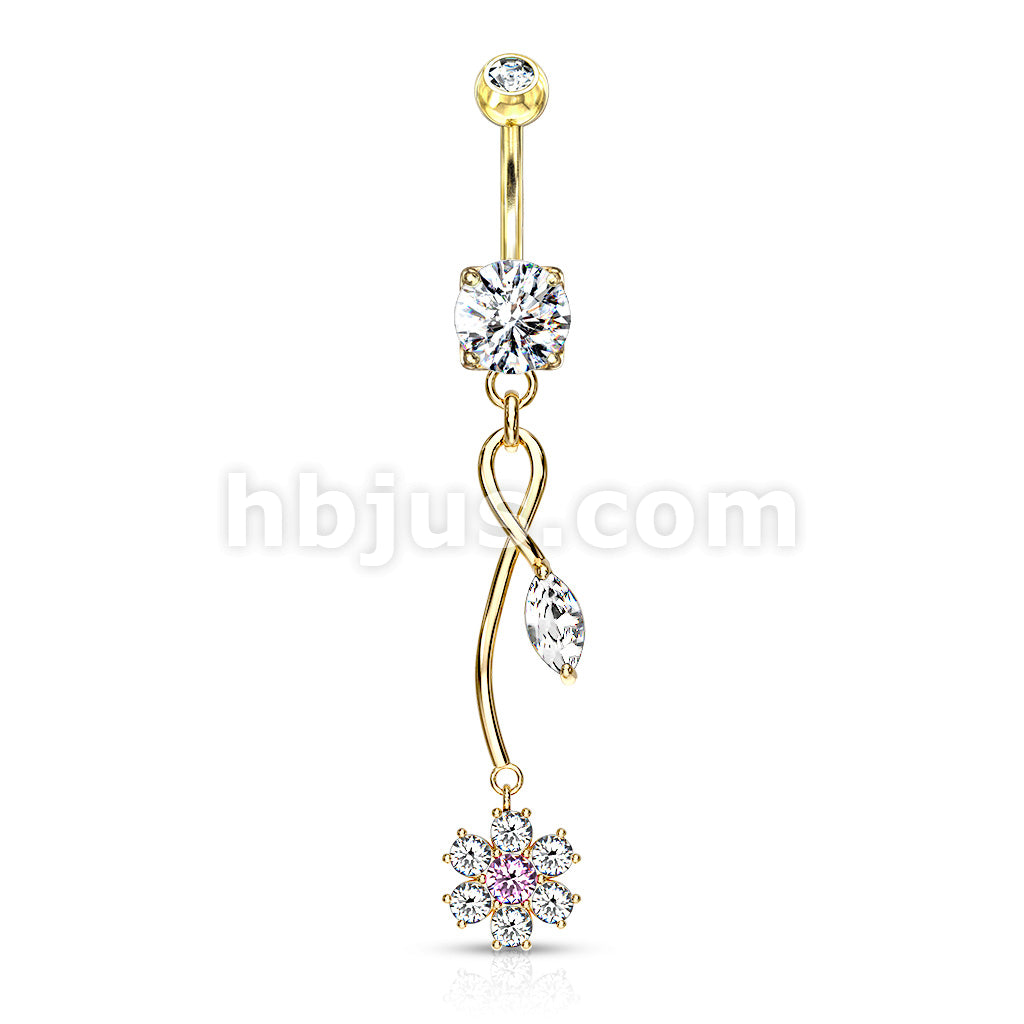 316L Surgical Steel CZ Flower With Pink CZ Center and Marquise CZ Leaf... - Image 4