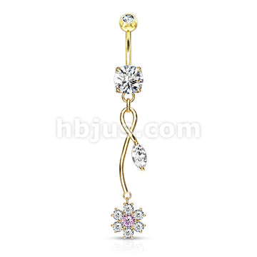316L Surgical Steel CZ Flower With Pink CZ Center and Marquise CZ Leaf... - Image 4