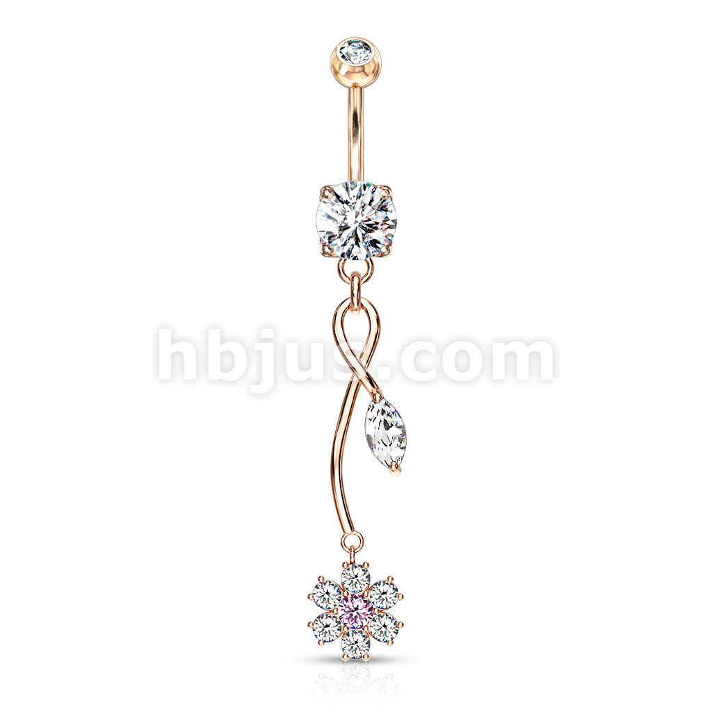 316L Surgical Steel CZ Flower With Pink CZ Center and Marquise CZ Leaf... - Image 5