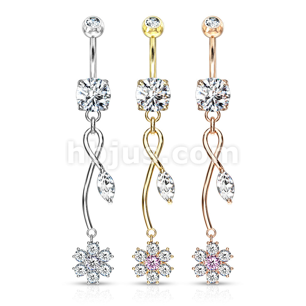 316L Surgical Steel CZ Flower With Pink CZ Center and Marquise CZ Leaf... - Image 7