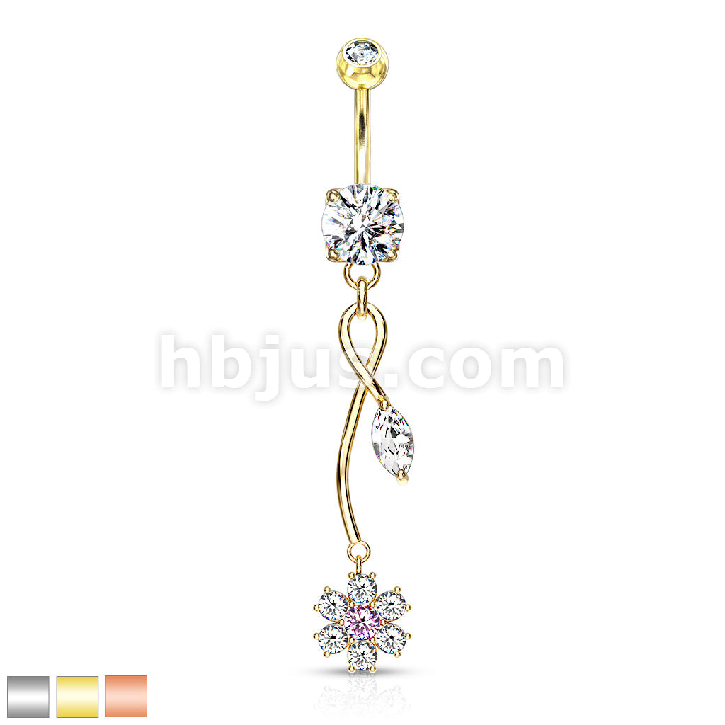 316L Surgical Steel CZ Flower With Pink CZ Center and Marquise CZ Leaf... - Image 2