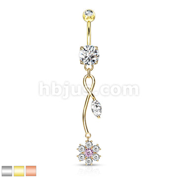 316L Surgical Steel CZ Flower With Pink CZ Center and Marquise CZ Leaf... - Image 2