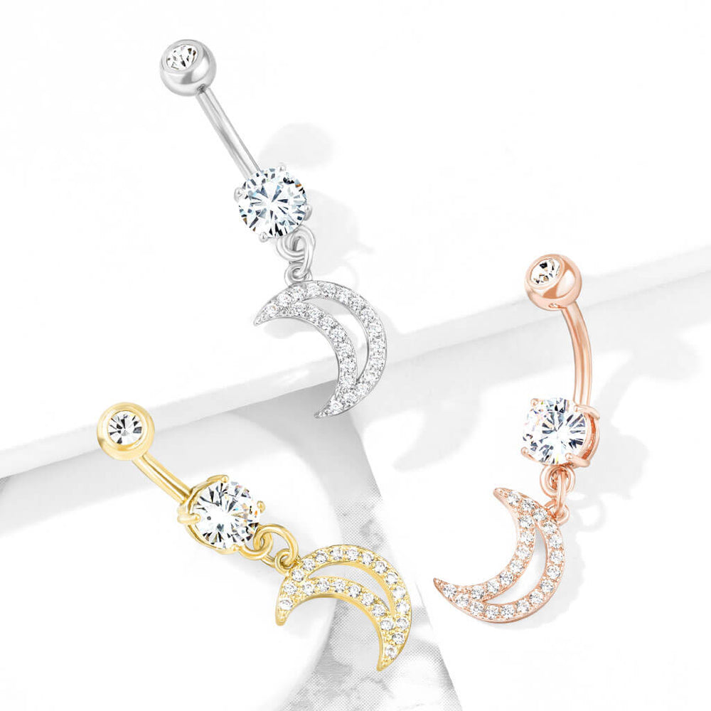 316L Surgical Steel 316L Surgical Steel CZ Paved Crescent Dangle Belly...