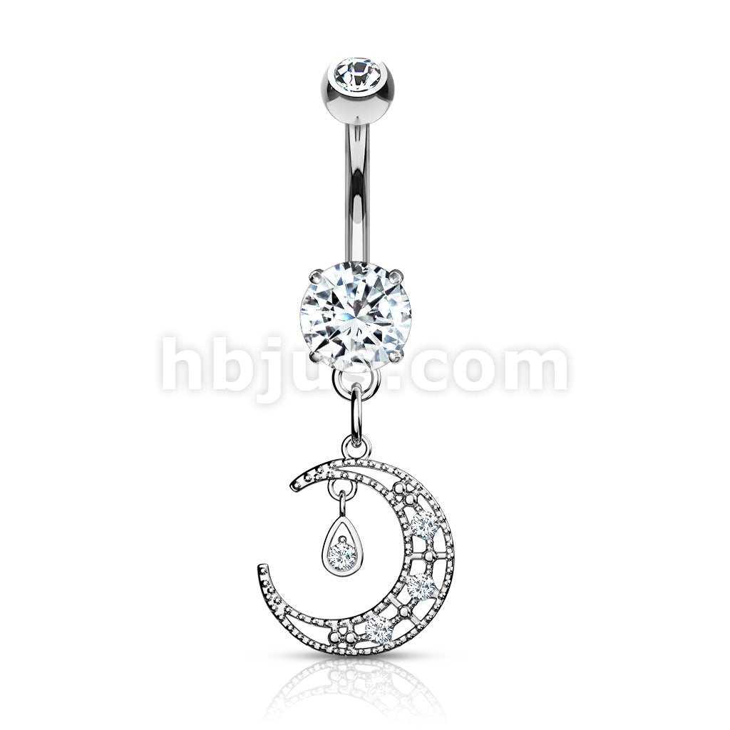 316L Surgical Steel 316L Surgical Steel CZ Paved Crescent Dangle Round... - Image 3