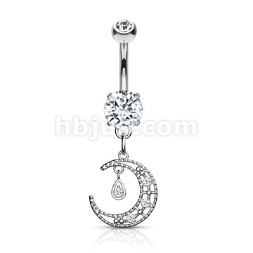 316L Surgical Steel 316L Surgical Steel CZ Paved Crescent Dangle Round... - Image 3