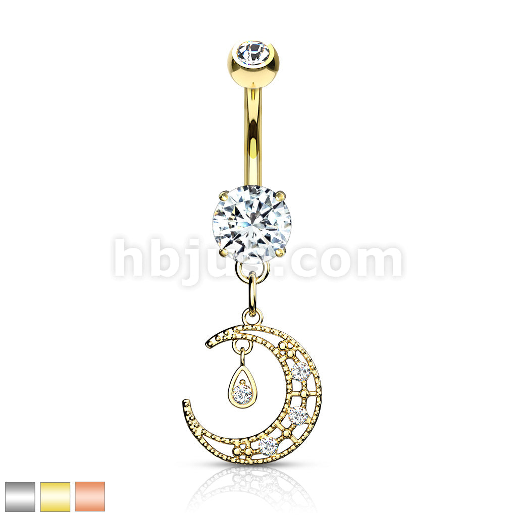 316L Surgical Steel 316L Surgical Steel CZ Paved Crescent Dangle Round... - Image 2