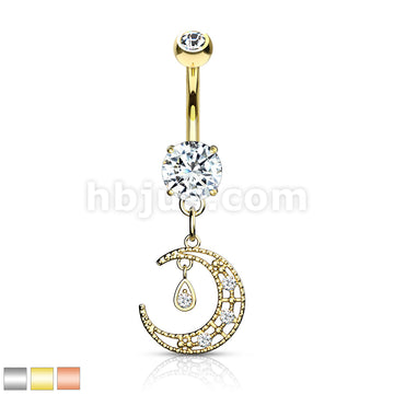 316L Surgical Steel 316L Surgical Steel CZ Paved Crescent Dangle Round... - Image 2